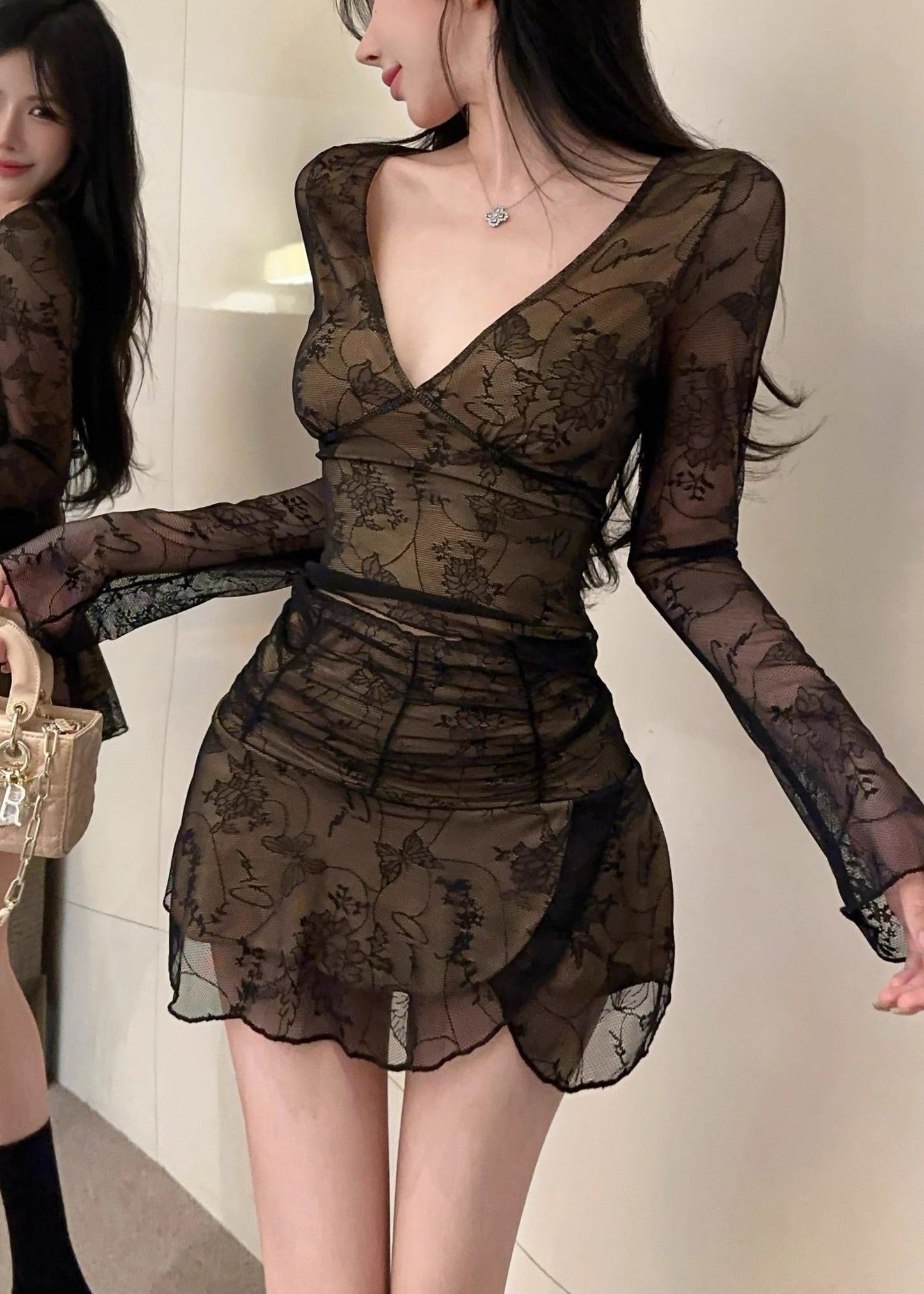 Beautiful Black V Neck Silm Fit Tulle Two Piece Set Women Clothing YP018