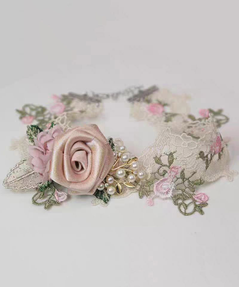 Beautiful Pink Alloy Pearl Lace Floral Necklace YA010