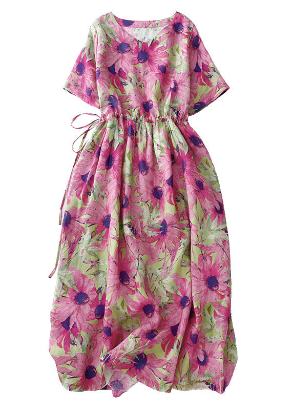 Beautiful Summer Vacation Print Cinched Dresses Pink Linen