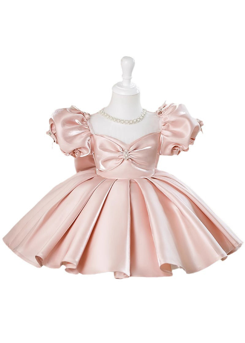 Beautiful Pink V Neck Bow Silk Kids Maxi Dress Summer YS023