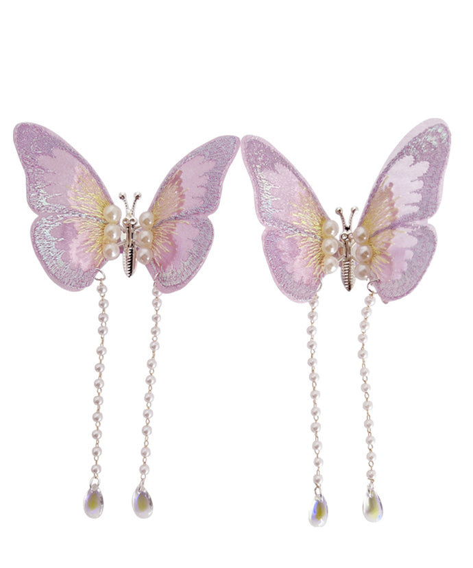 Beautiful Purple Alloy Tulle Butterfly Pearl Tassel Girls Hairpin YG036