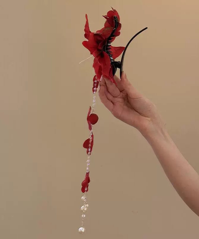 Beautiful Floral Tassel Pearl Hairpin Red Acrylic