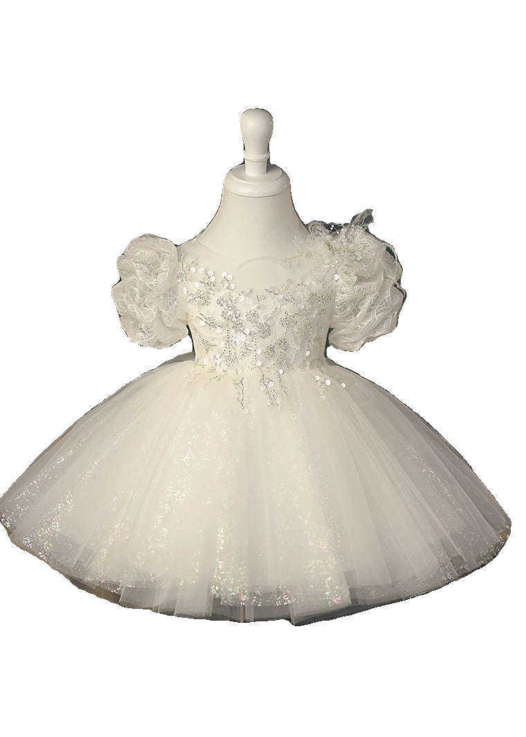 Beautiful White O-Neck Sequins Tunic Tulle Kids Maxi Dresses Summer YG009