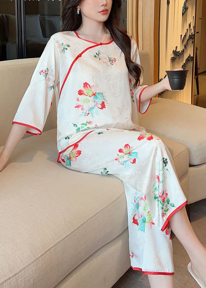 Beautiful White Print Tops And Crop Pants Ice Silk Pajamas Two-Piece Set Summer YK003