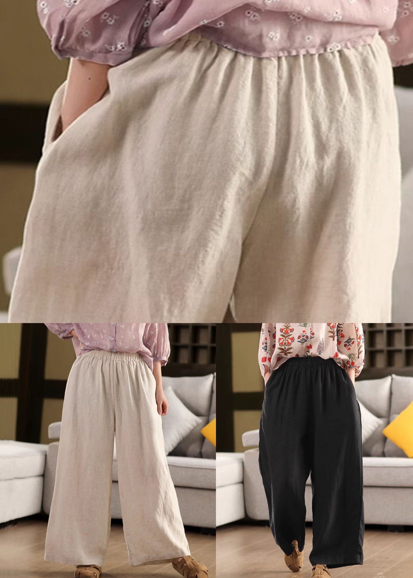 Pants Elastic Pockets Linen Loose Leg Waist Beige Summer Wide