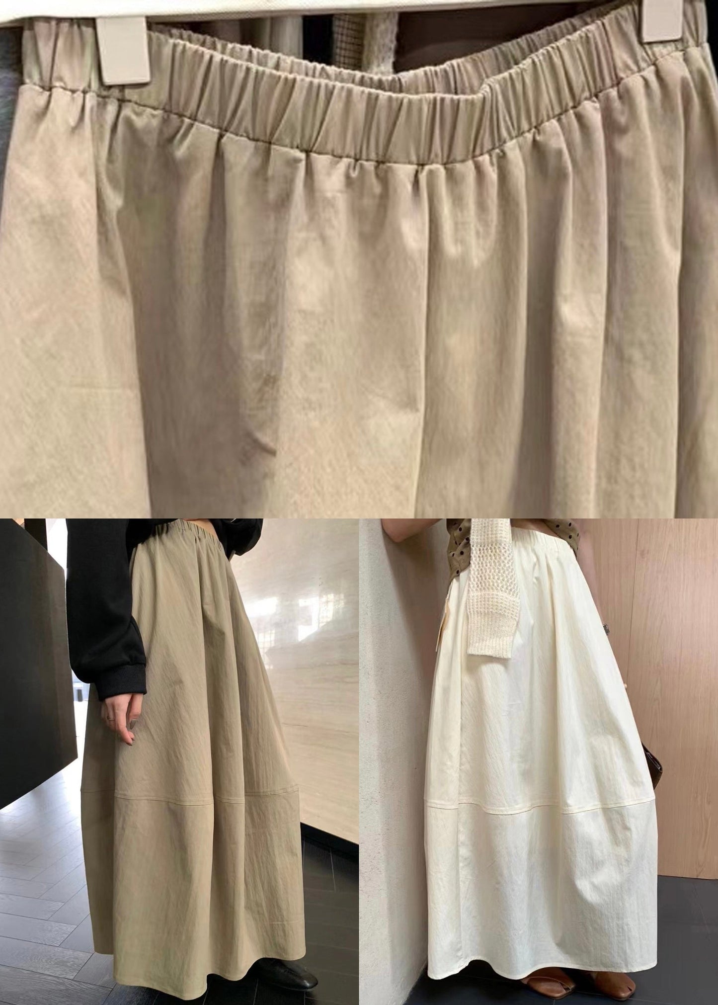 Solid Cotton Patchwork Waist Skirts Elastic Beige
