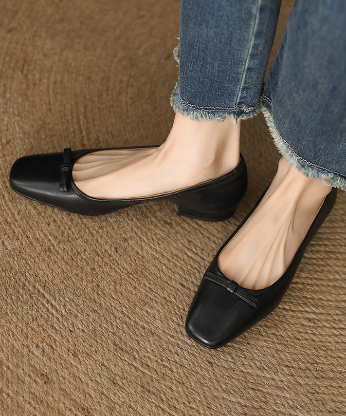 Splicing Black Flats Cowhide Bow Leather Comfortable