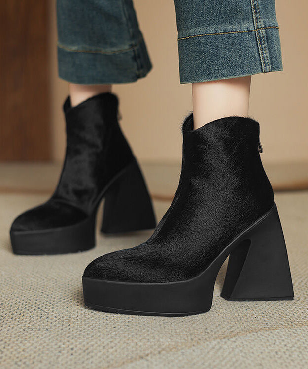 Black Chunky Heel Fashion Zippered Splicing Horsehair Boots YR036
