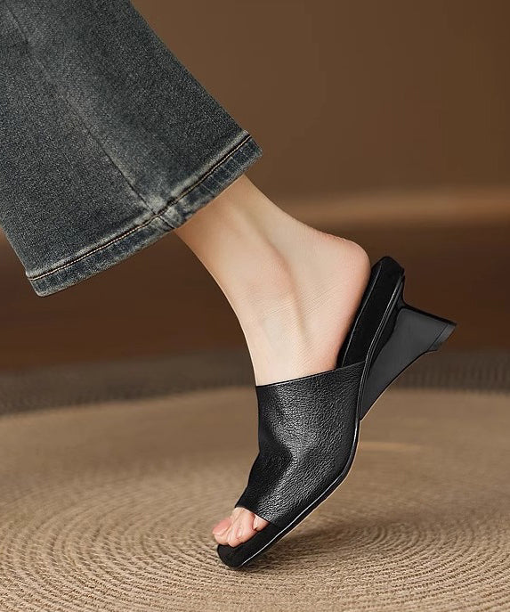 Sandals Black Sheepskin Beautiful Toe Slide Peep Chunky