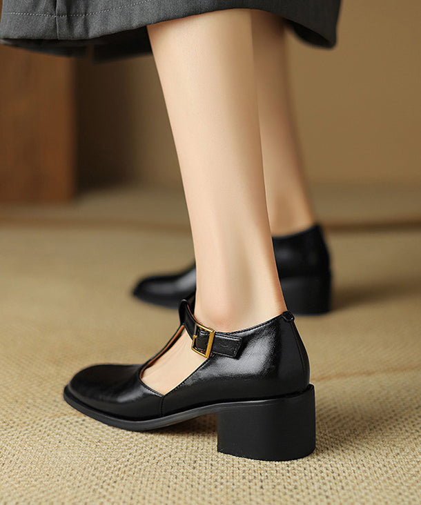 Black Cowhide Chunky Hollow Out Leather Splicing Shoes