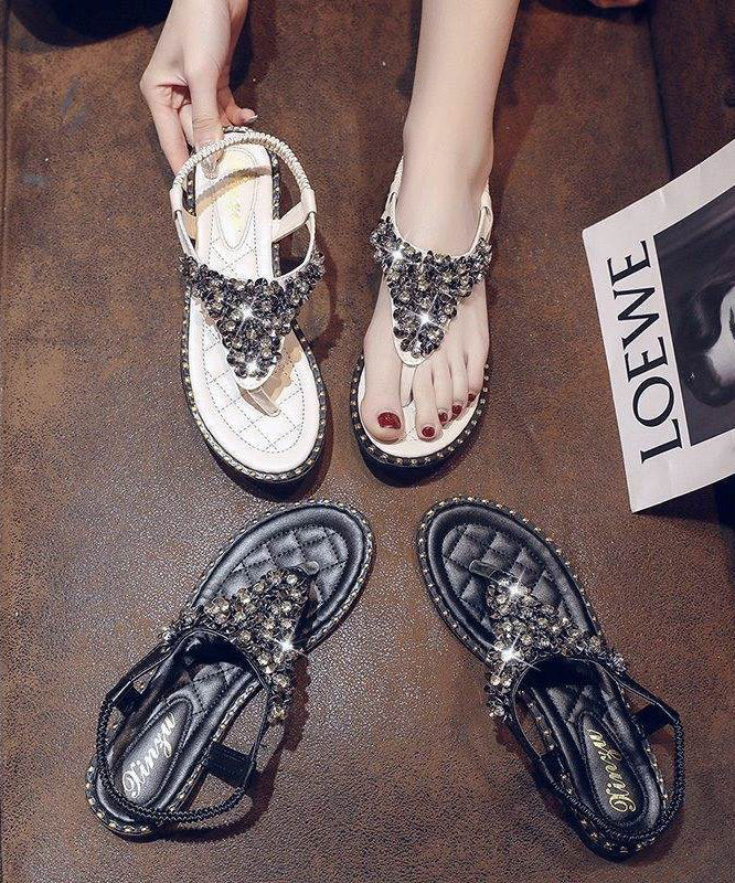 Leather Zircon Faux Black Splicing Flip Flops