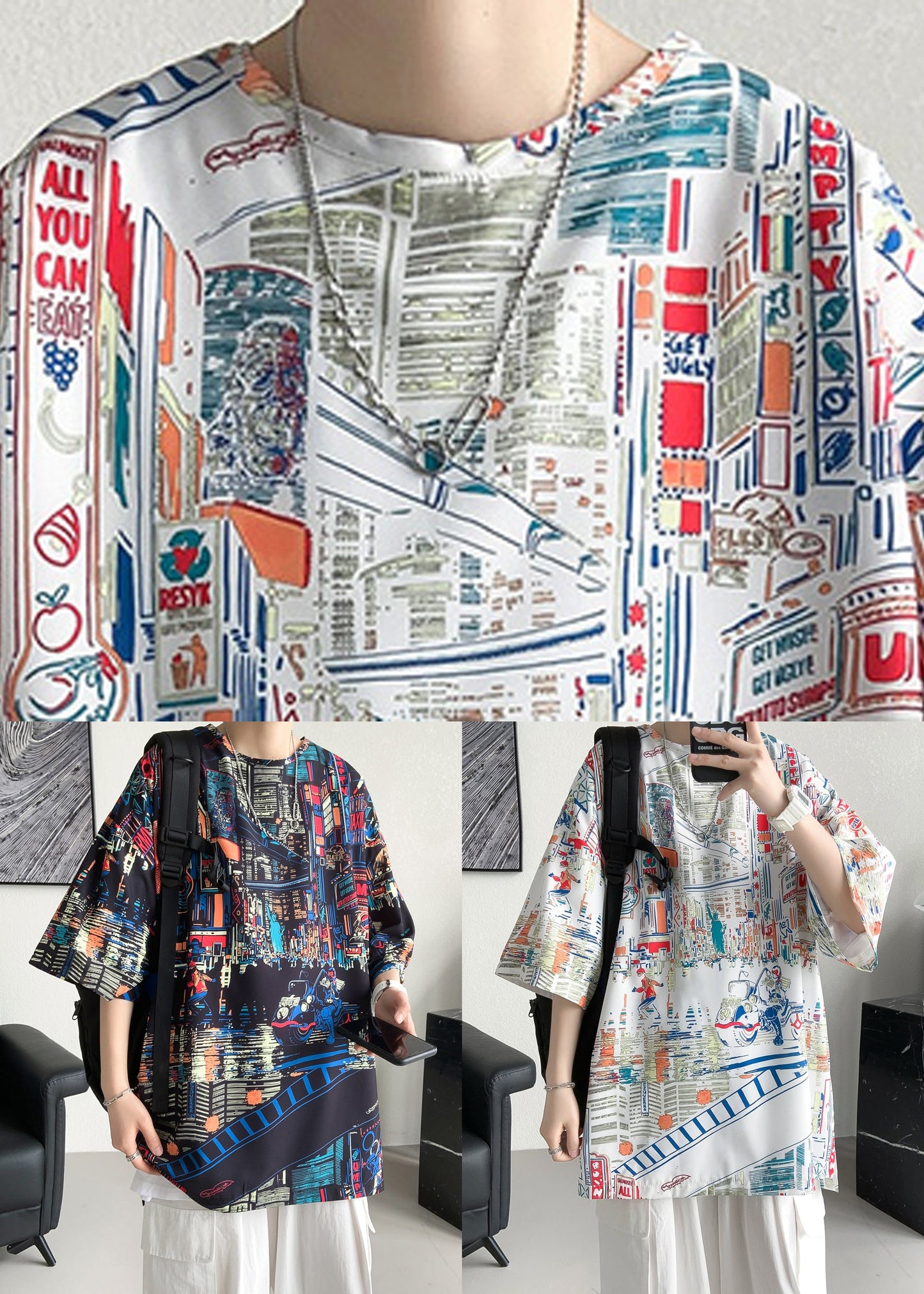 Print Cotton Summer Mens O Open Neck T Black Side Shirts