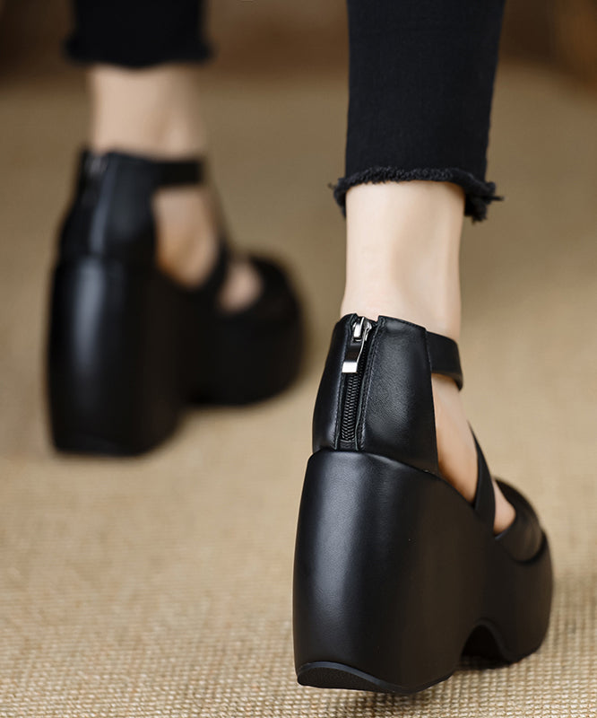 High Cross Sheepskin Black Strap Heels Wedge Splicing Stylish