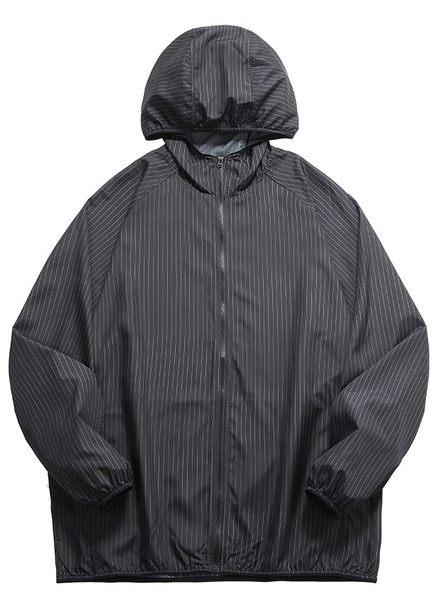 Zippered Ice Men Hooded Silk Thin Striped Coat Black