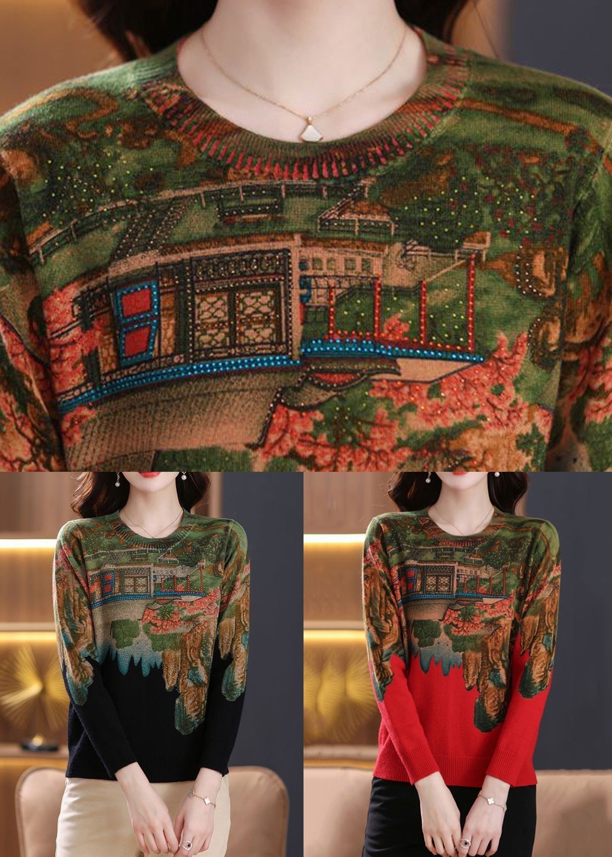 Black Zircon Cozy Knit Sweaters O Neck Long Sleeve TB007