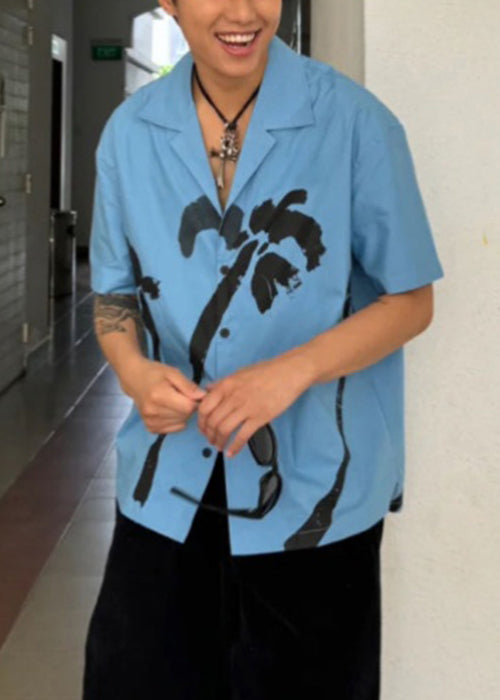 Print Collar Cotton Blue Summer Pan Peter Men Button Shirts