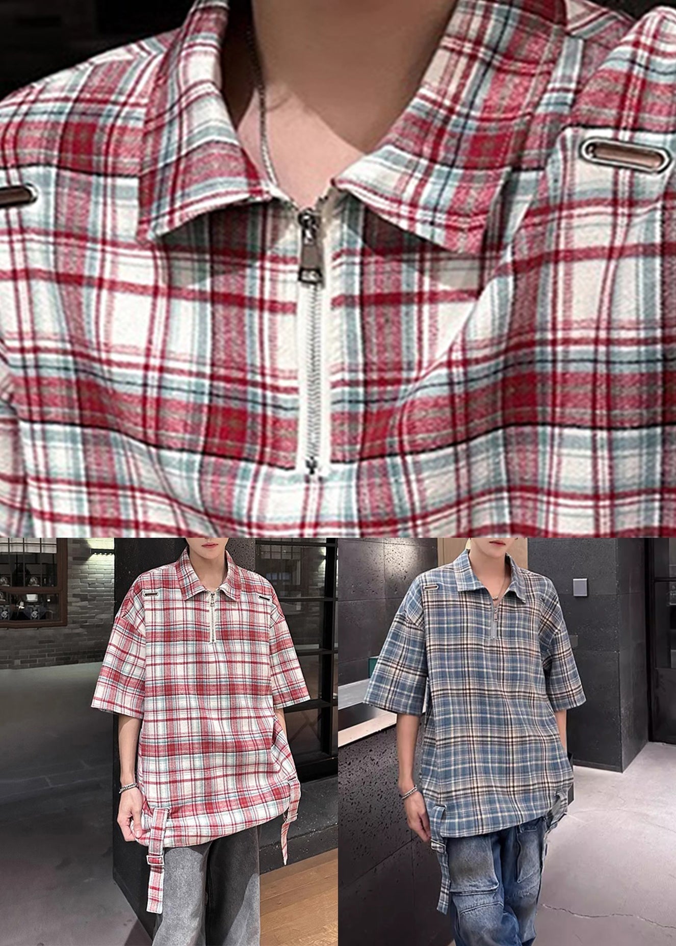 Summer Blue Shirts Peter Plaid Up Cotton Collar Zip Pan Men