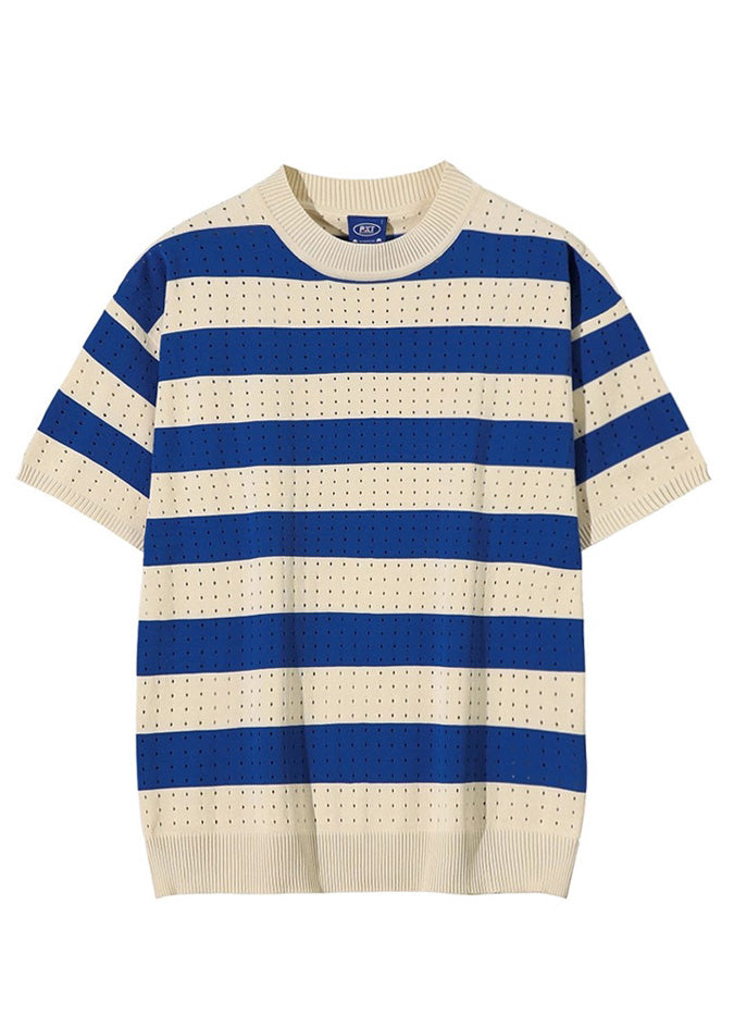 Mens Hollow Knit Shirts T Striped Blue Summer Graphic Out