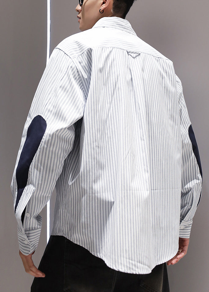 Collar Patchwork Shirts Peter Blue Cotton Striped Pockets Pan Men