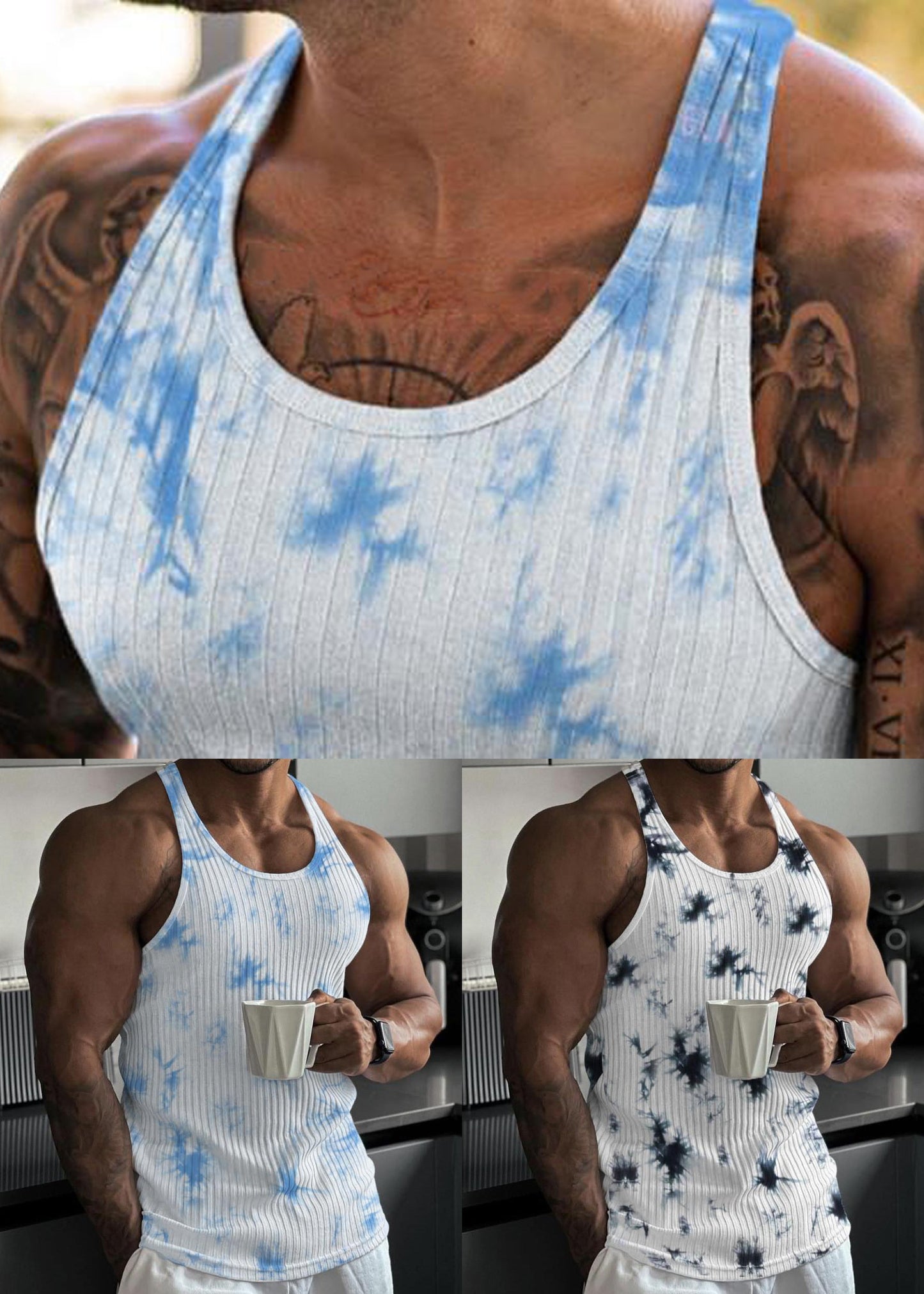 Striped O Sleeveless Tie Neck Blue Cotton Dye Tank