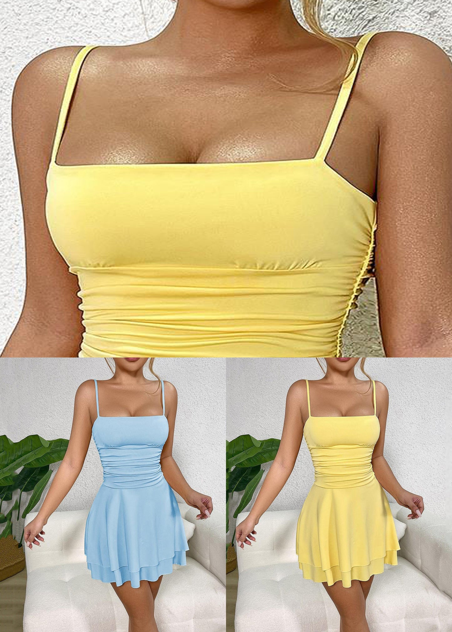 Spaghetti Sleeveless Blue Strapless Wrinkled Dress Solid Strap