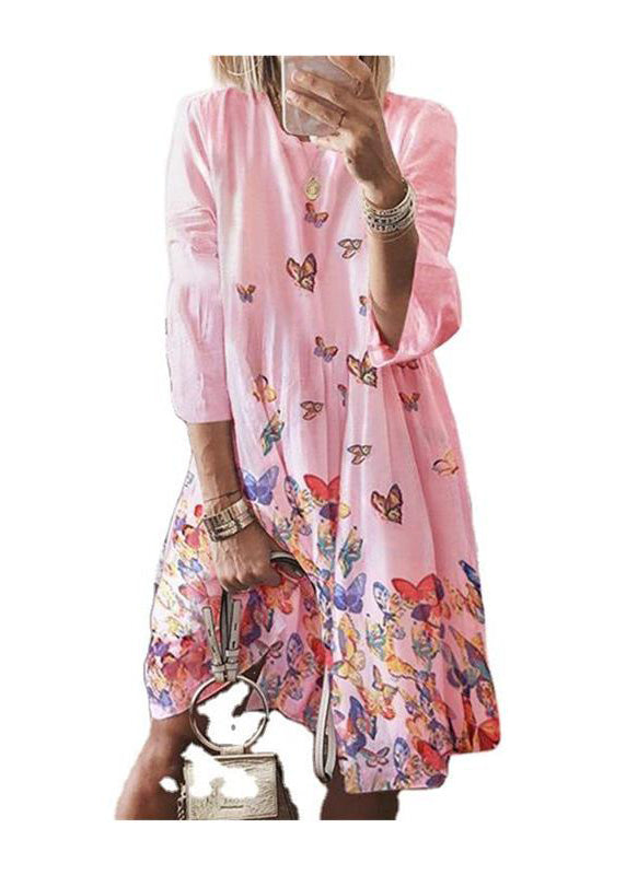 Blue Mid Butterfly Summer Dress Neck O Bohemian Print Cotton