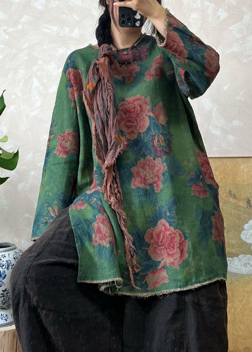 Bohemian Loose Green O Neck Print Linen Top Long Sleeve AP092