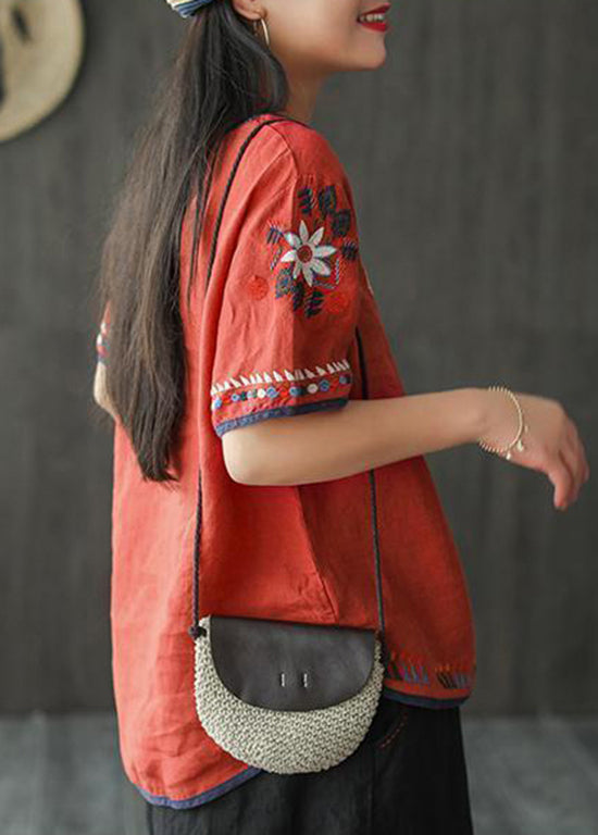 Bohemian Loose White Embroidered Cotton T Shirt Summer TN016