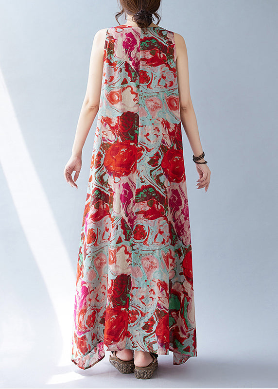 Sleeveless Red Print Oversized Dress Holiday Bohemian Cotton