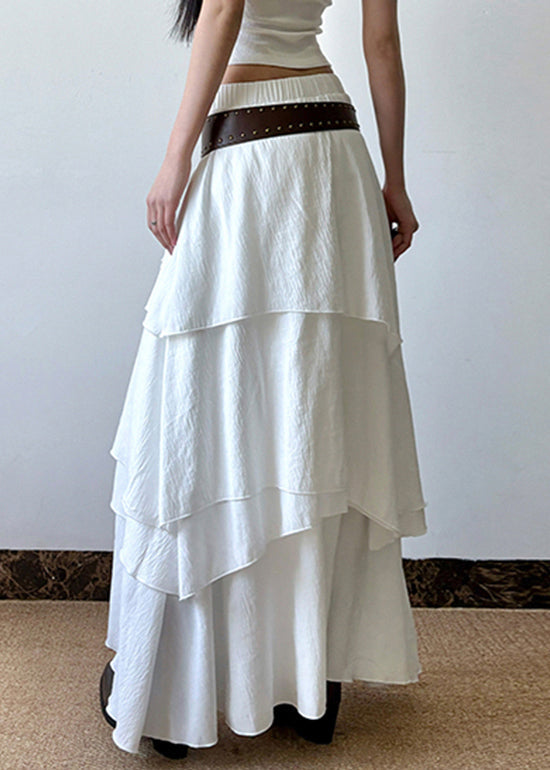 Skirts Waist Summer Cotton White Layered Solid Elastic Bohemian