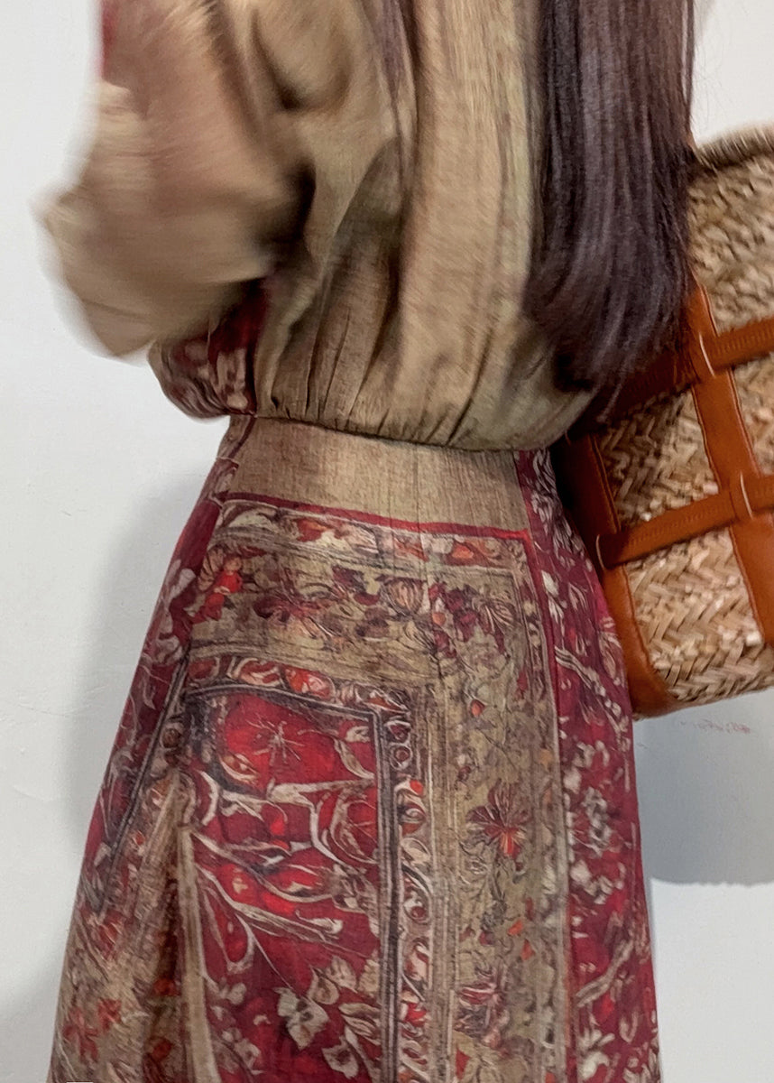 Boho Coffee Holiday Dress Cinched Print Linen Summer