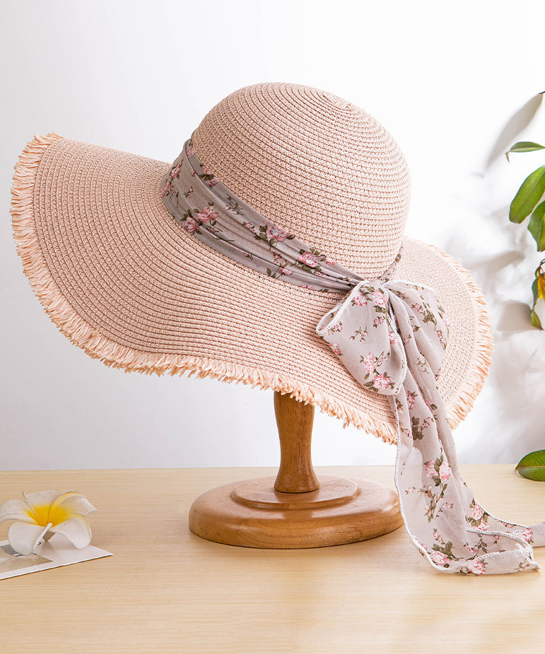 Sun Bow Floppy Straw Hat Boho Side Big Woven Khaki