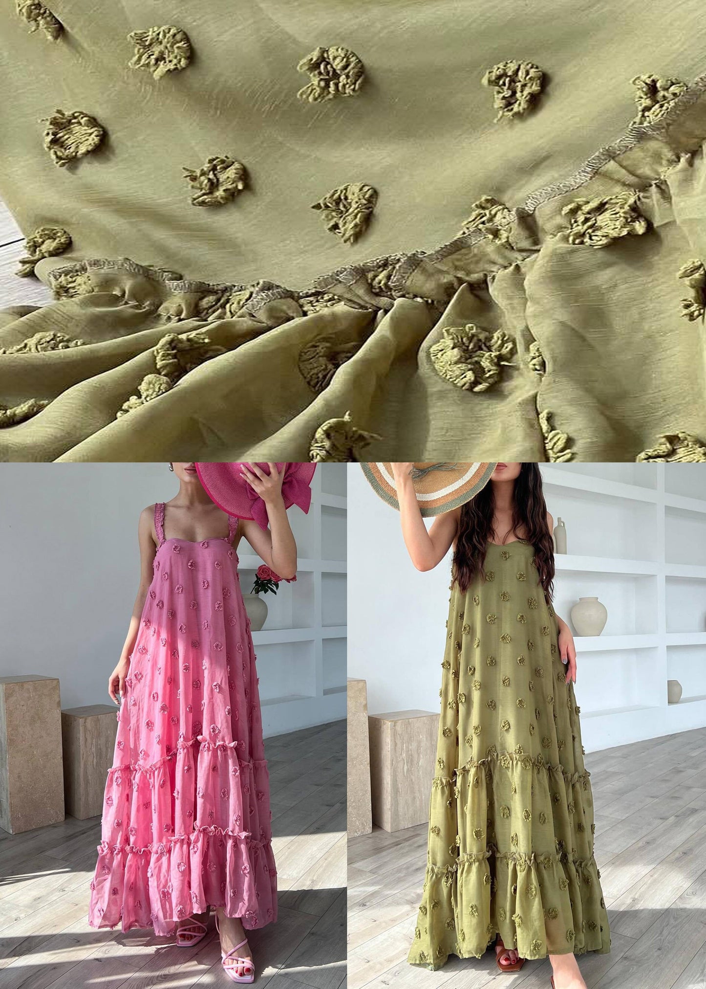 Sleeveless Spaghetti Cotton Floral Ruffled Strap Dress Boho Pink