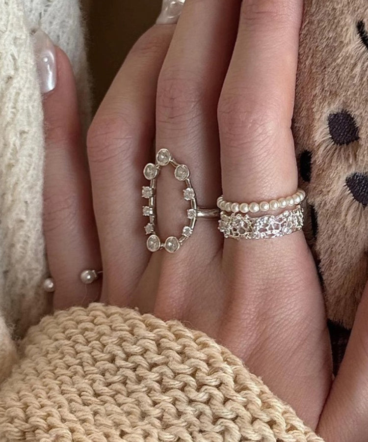 Stainless Rings Silk Set Zircon Steel Boho Three-Piece Open