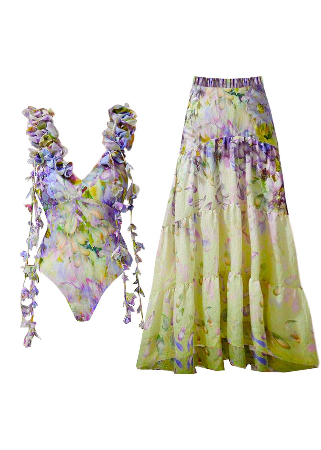 Set Lingerie Boho And Bodysuit Maxi V-Neck Print Skirts Patchwork