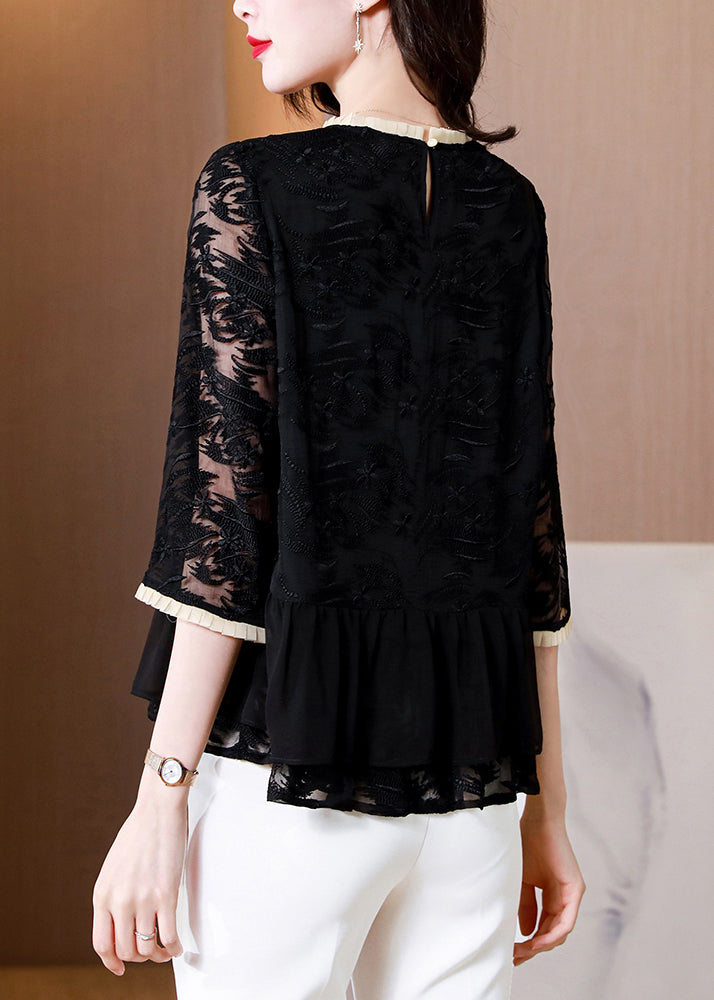 Shirt O-Neck Boutique Black Summer Top Silk Embroidered