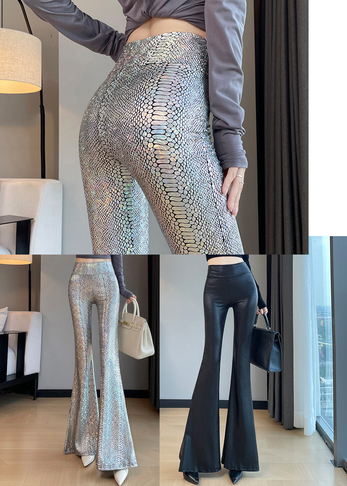 Boutique Black Serpentine Butt Scrunch Bell-bottom Trousers Spring YP033