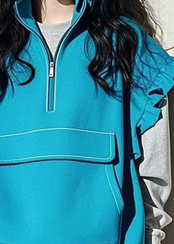 Boutique Blue Ruffled Patchwork Drawstring Cotton Vest Sleeveless TN042