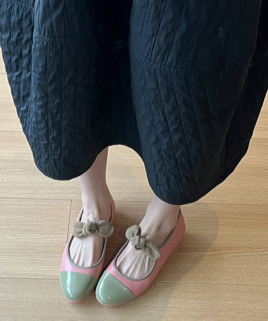 Shoes Green Bow Leather Flat Feet Boutique Splicing Cowhide