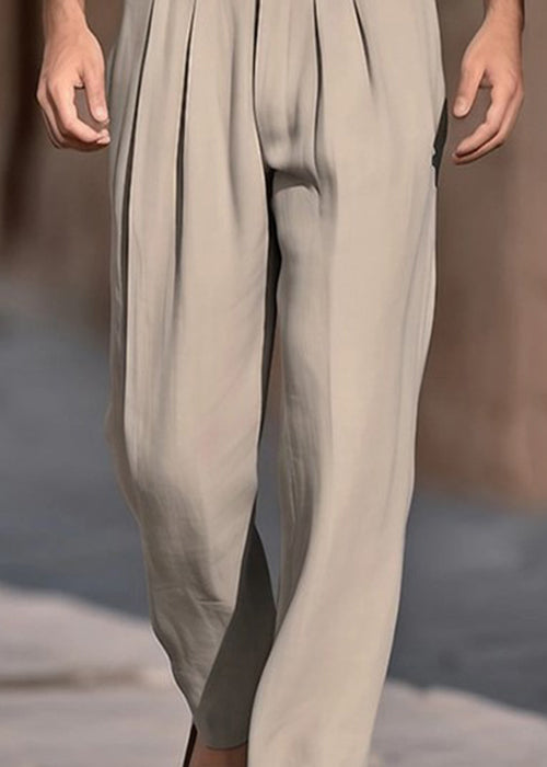 Solid Pants Men High Summer Khaki Boutique Cotton Waist Wrinkled