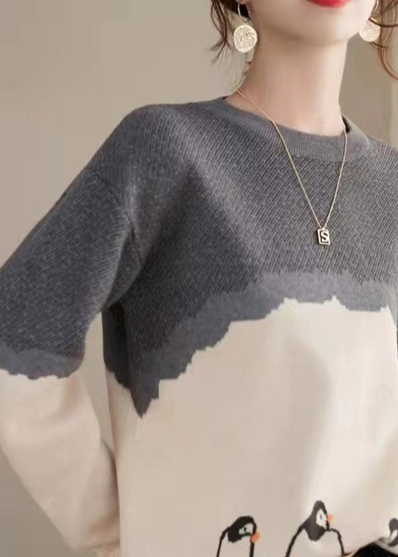 Boutique Photo Color O-Neck Print Cotton Knit Sweaters Fall QT046