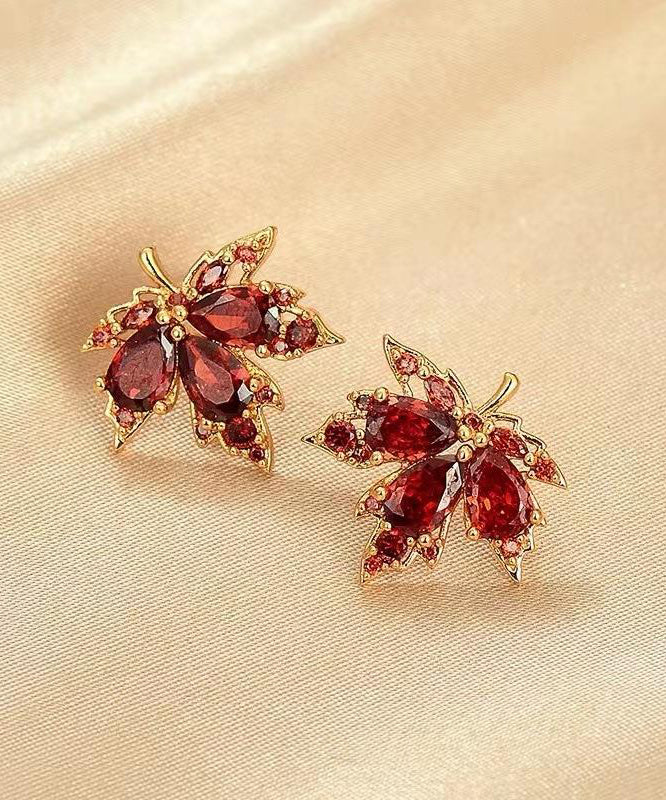 Boutique Red Alloy Zircon Maple Leaf Stud Earrings YA042