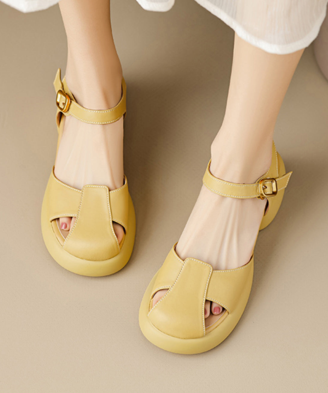 Splicing Chunky Boutique Strap Sandals Yellow Buckle Sheepskin