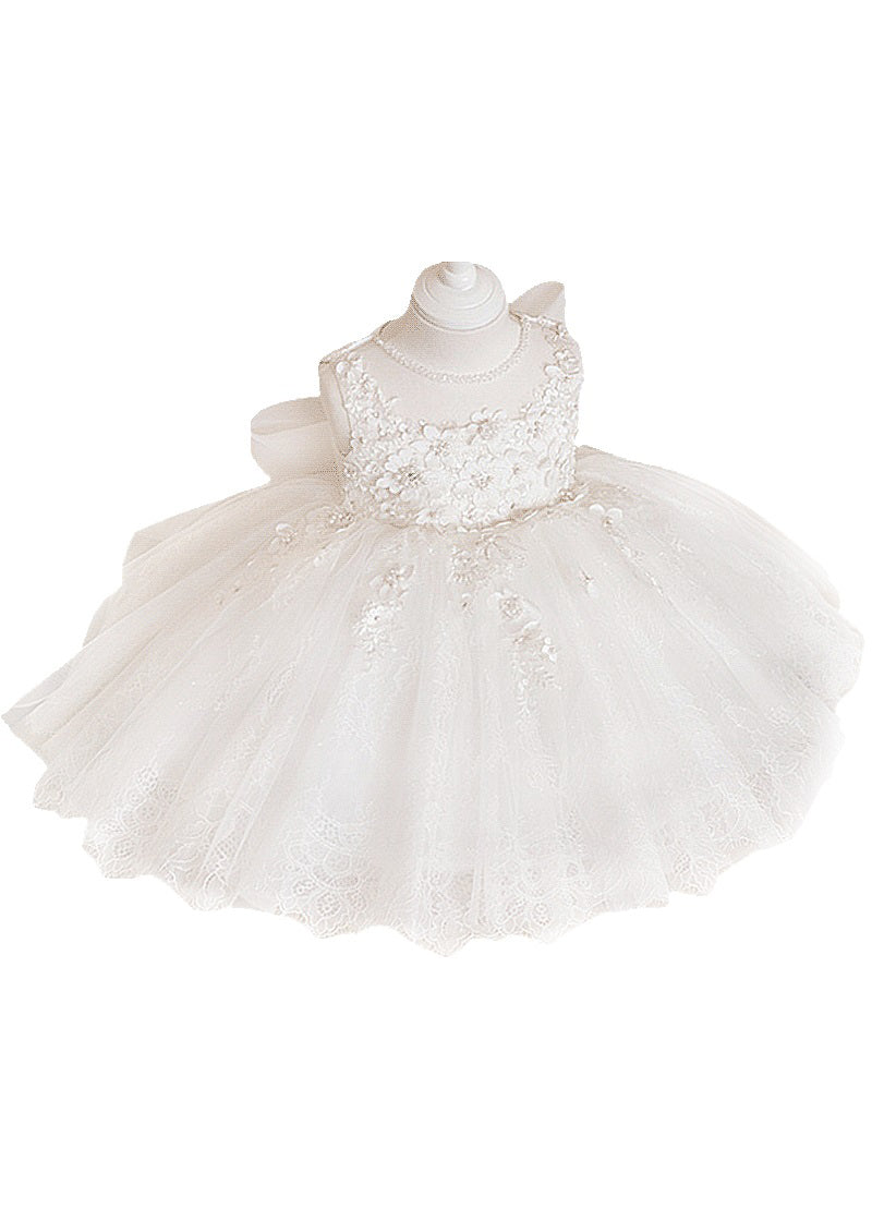 Boutique White Floral Lace Patchwork Tulle Girls Long Dress Sleeveless YS022