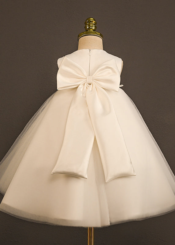 Boutique White O-Neck Patchwork Tulle Girls Long Dress Sleeveless YG006