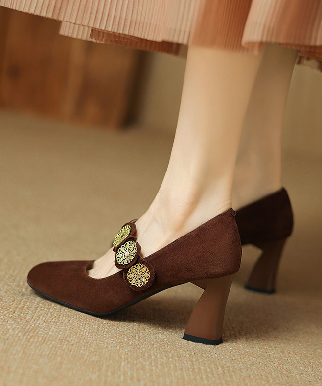 Strap Splicing Suede Heels High Buckle French Brown
