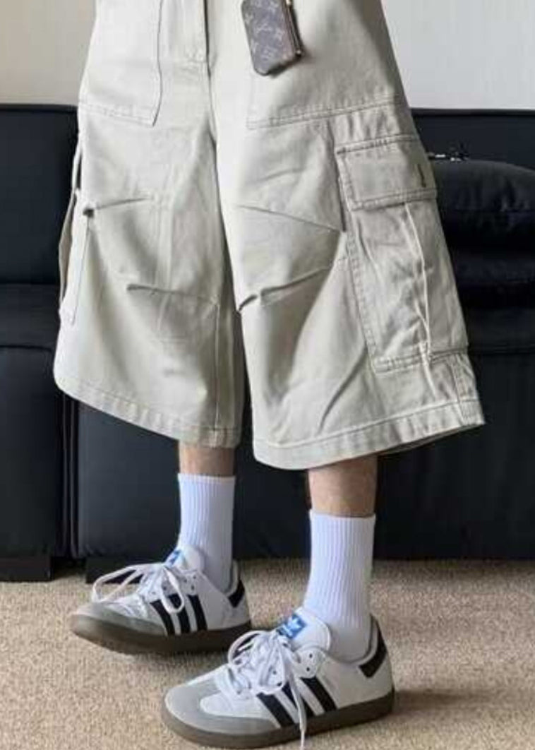 Waist Crop Pants Casual Apricot High Pockets Summer Men Cotton