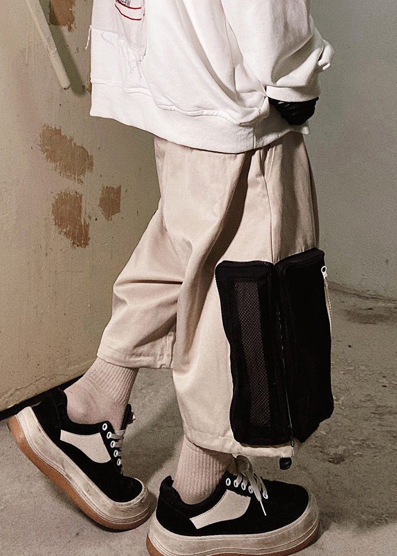 Up Beige Zip Casual Oversized Pockets Summer Shorts Cotton Men