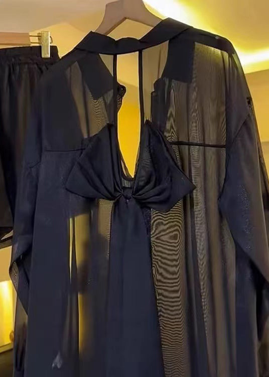 Summer Backless Sheer Blouses Chiffon Casual Black Bow