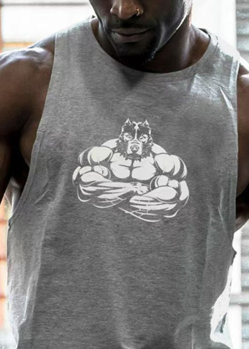 Print Men Tank O Black Sleeveless Casual Cotton Neck